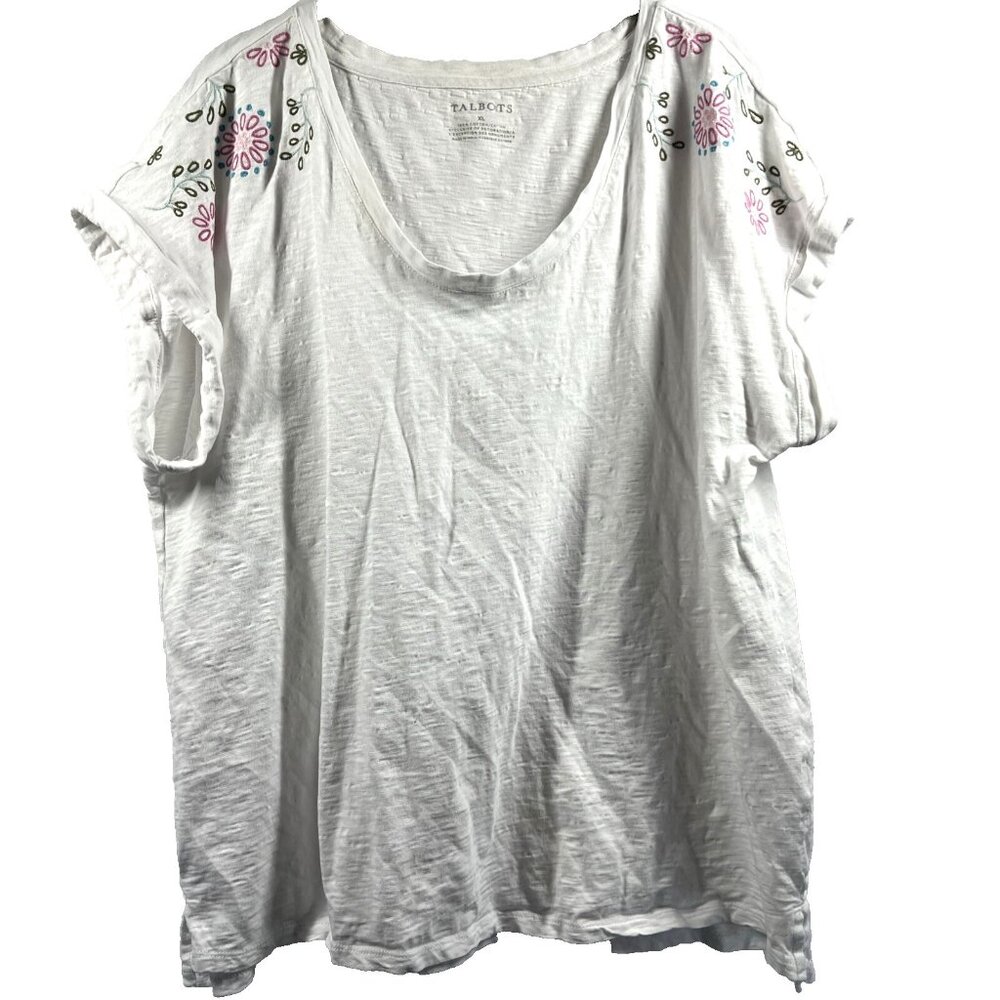 Talbots Womens Top Size XL Embroidered White Cap Sleeves Pullover Slubbed Cotton
